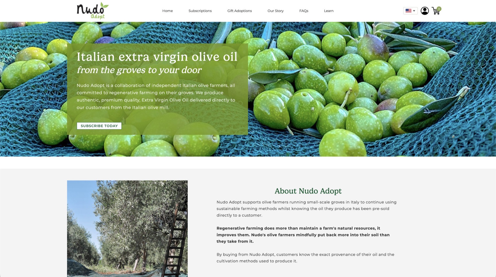 Nudo Adopt homepage describing a collaboration of independent Italian olive farmers, with fresh green olives in a harvest net