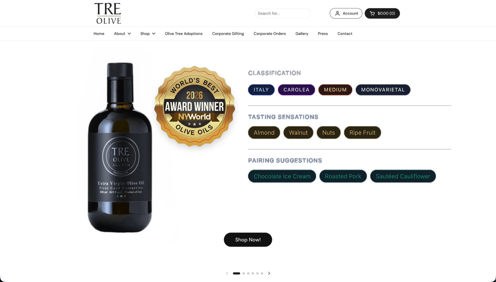 TRE Olive product page showing a dark 500ml bottle of Carolea monovarietal extra virgin olive oil with an award badge